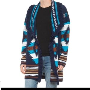 Aztec Fringed Cardigan Sweater Wool Fabric Blue Multi Made in Italy NWT Medium